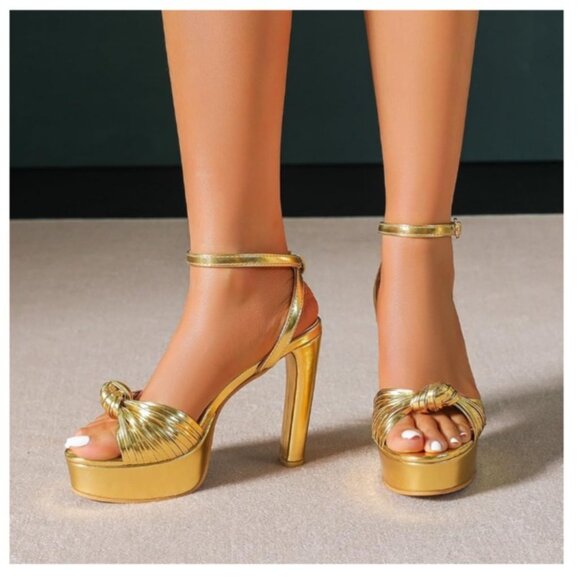 Gold Block Heels Platforms Braid Knot Ankle Strap Sandals Size 36 US 5.5 - Picture 3 of 10